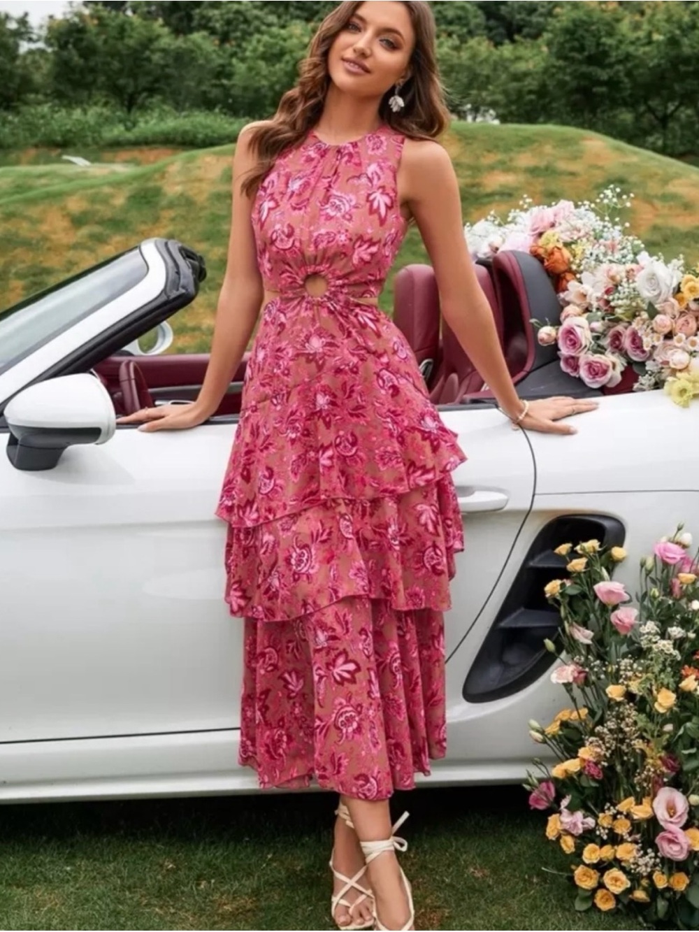 SHEIN Pink Floral Cutout Tiered Maxi Dress Size Small